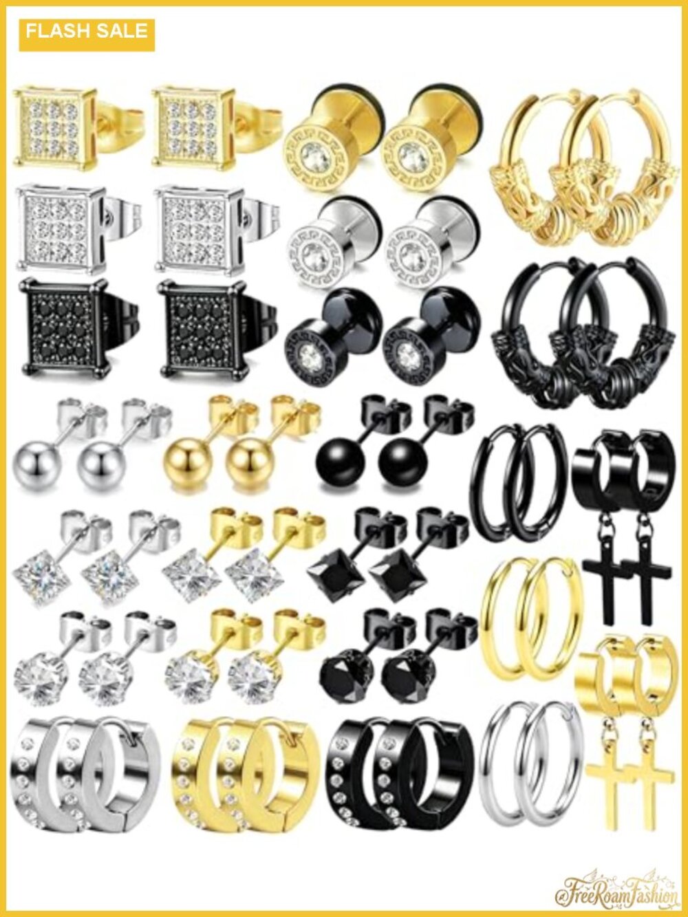 25 Pairs Stainless Steel Earring Set Cross Hoop Studs Dangle Piercing Jewelry